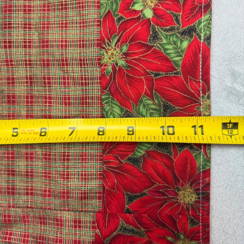 Handmade Table Runner Unisex 40in Red Poinsettia Plaid Quilted Christmas Holiday